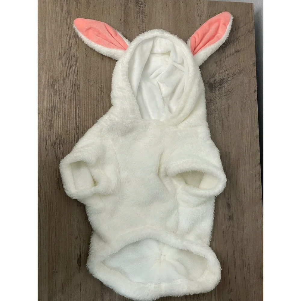 White Plush Bunny Dog Pet Costume Hoodie Hooded Outfit With Ears And Tail Size S